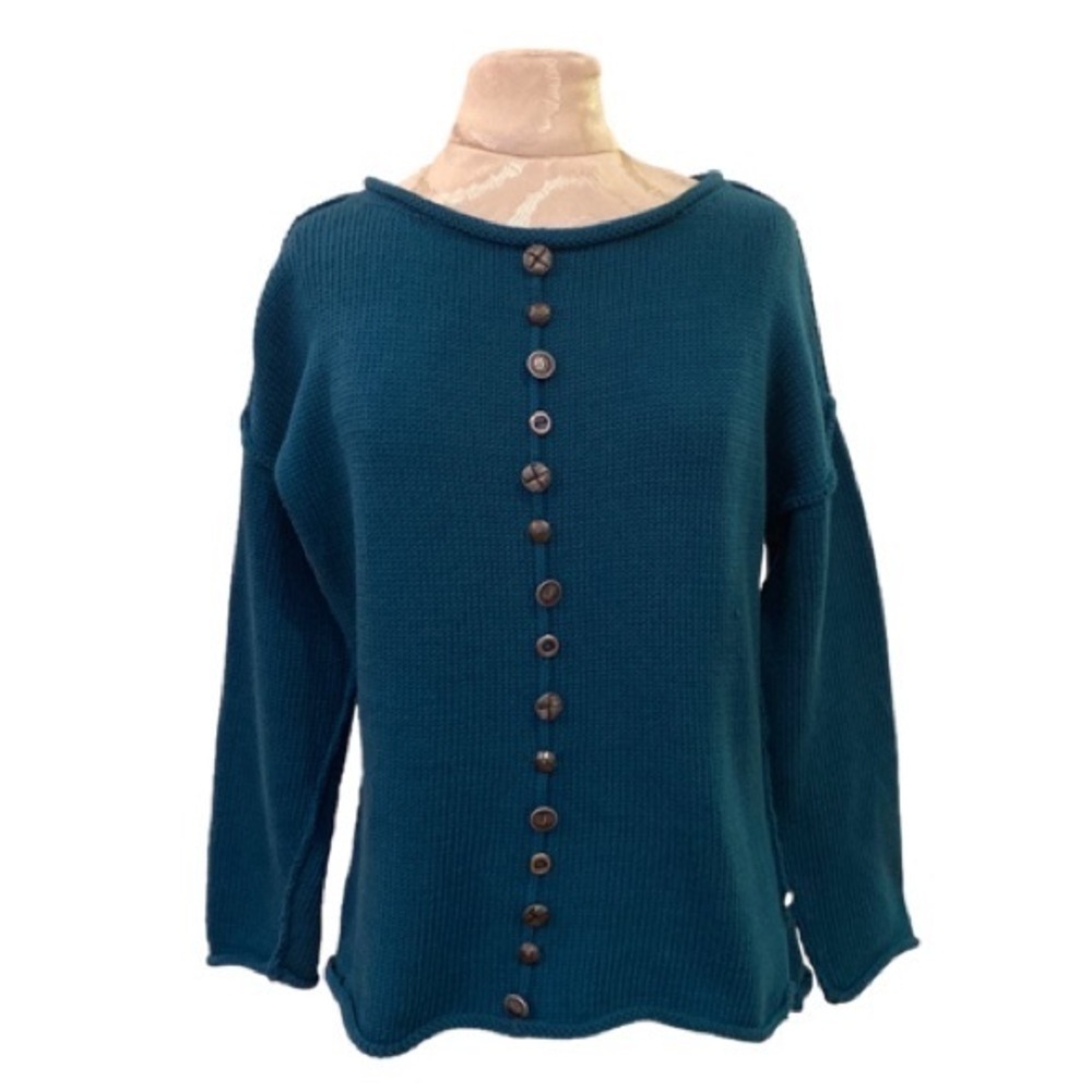 Pure Handknit Cotton Button Front Embellished Teal Sweater Size S/M